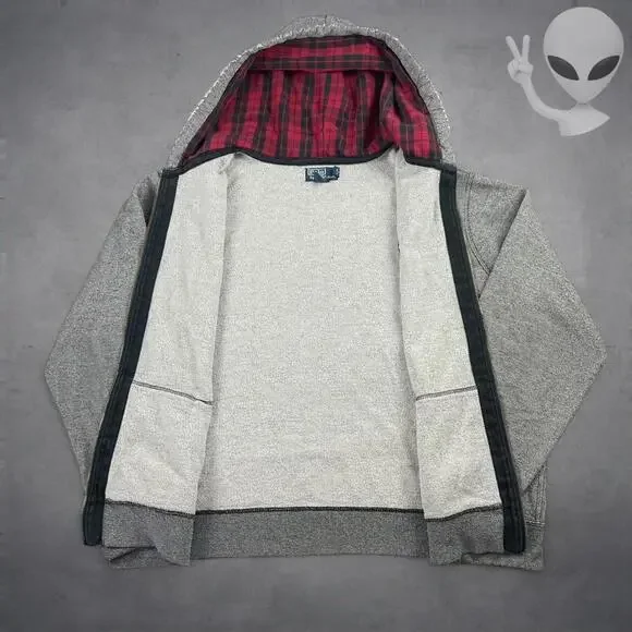 Polo Ralph Lauren Hoodie Size 2XL Grey Full Zip Plaid Lined Hood Jacket vintage - Picture 3 of 6